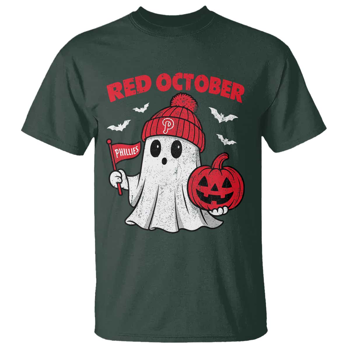 Red October Halloween Ghost T Shirt Philadelphia Spooky Pumpkin Baseball Fan TS10 Dark Forest Green Print Your Wear