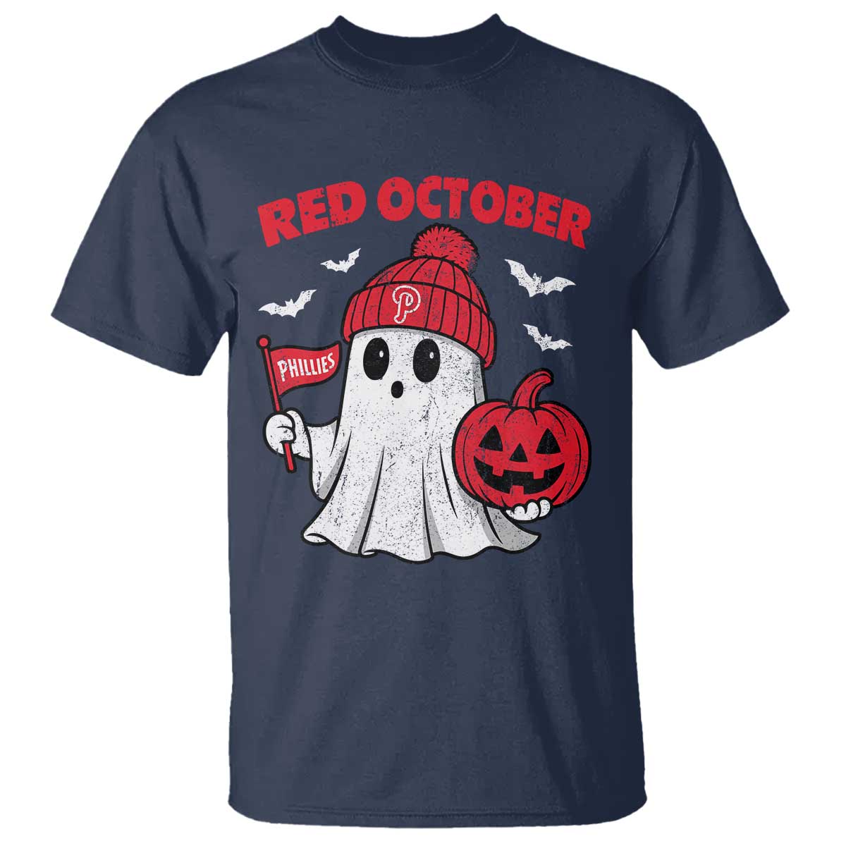 Red October Halloween Ghost T Shirt Philadelphia Spooky Pumpkin Baseball Fan TS10 Navy Print Your Wear