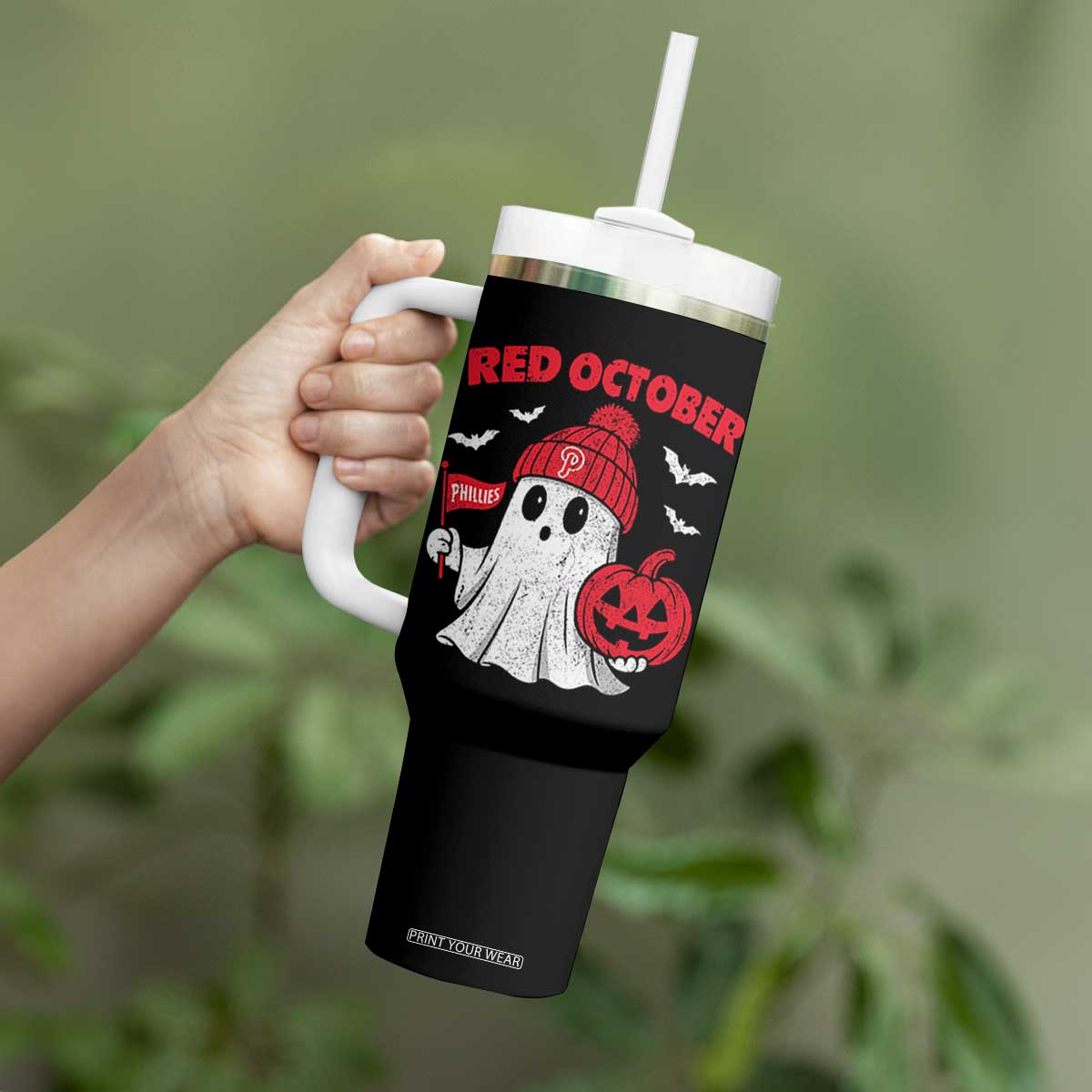 Red October Halloween Ghost Tumbler With Handle Philadelphia Spooky Pumpkin Baseball Fan TS10 Print Your Wear