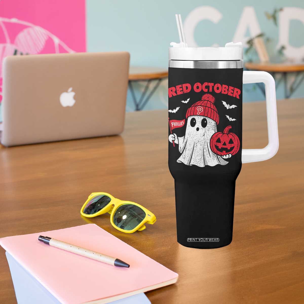 Red October Halloween Ghost Tumbler With Handle Philadelphia Spooky Pumpkin Baseball Fan TS10 Print Your Wear