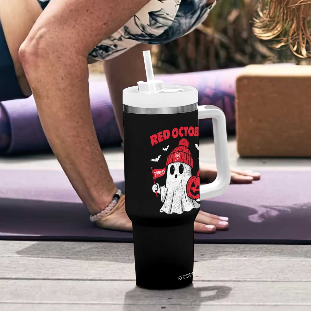 Red October Halloween Ghost Tumbler With Handle Philadelphia Spooky Pumpkin Baseball Fan TS10 Print Your Wear