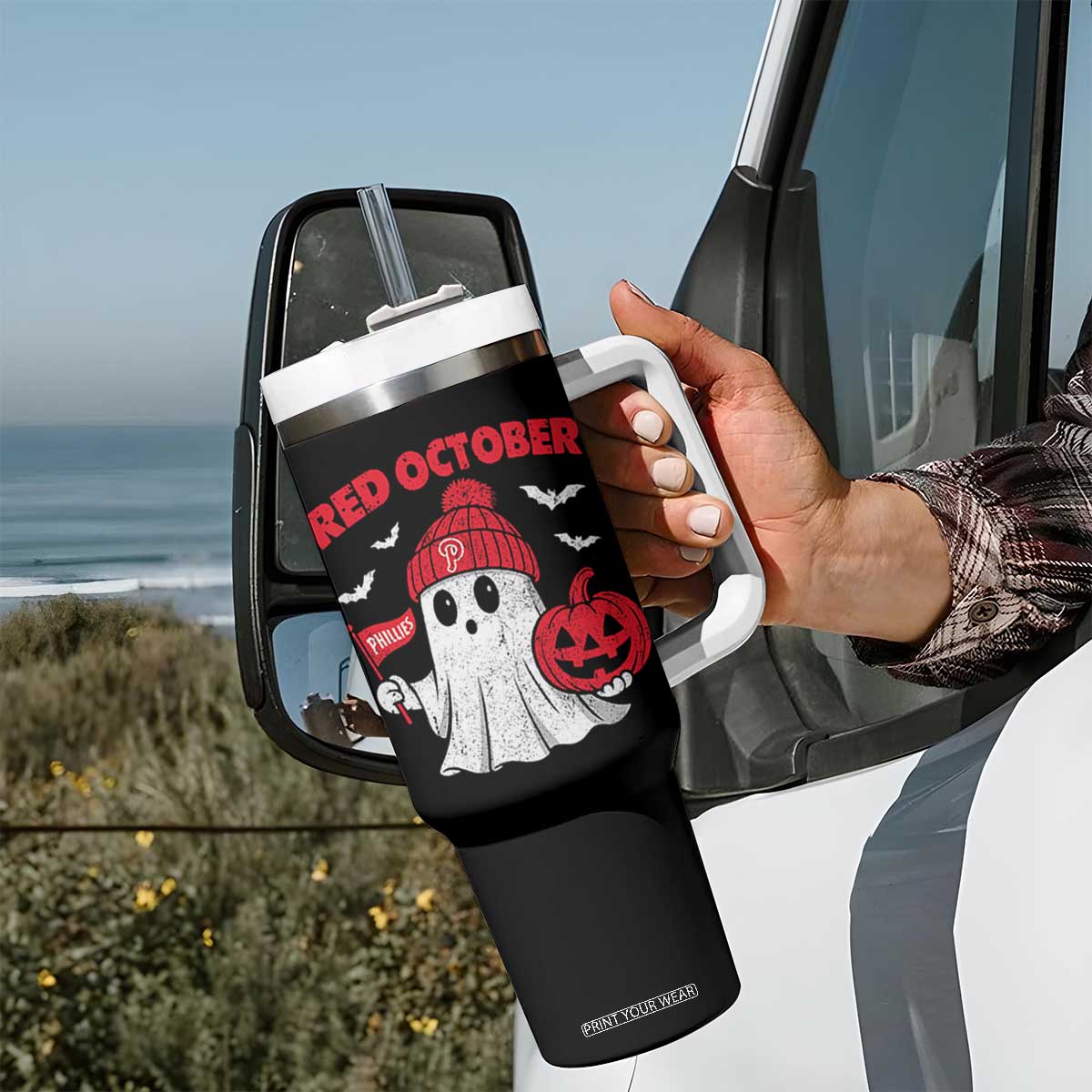 Red October Halloween Ghost Tumbler With Handle Philadelphia Spooky Pumpkin Baseball Fan TS10 Print Your Wear