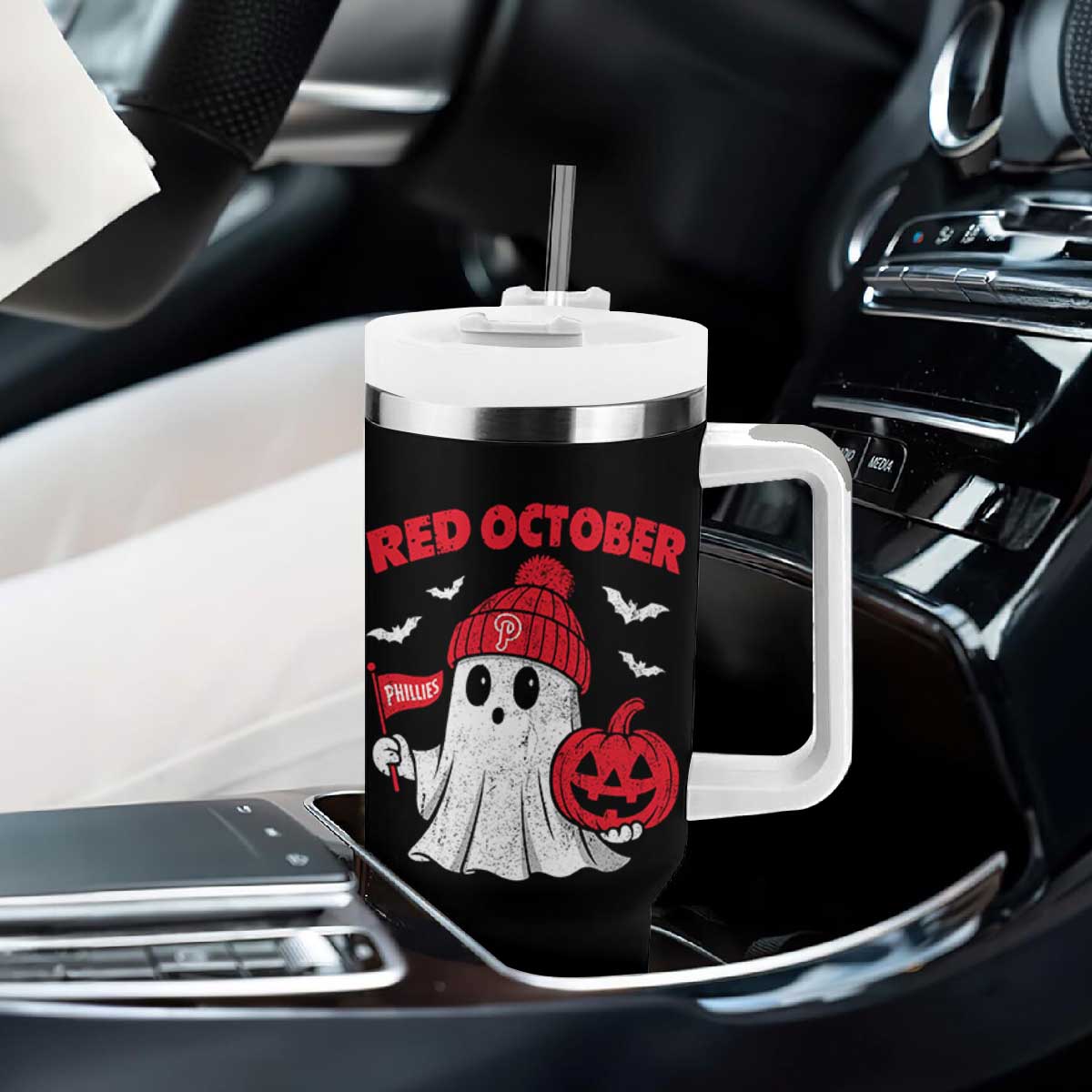 Red October Halloween Ghost Tumbler With Handle Philadelphia Spooky Pumpkin Baseball Fan TS10 Print Your Wear