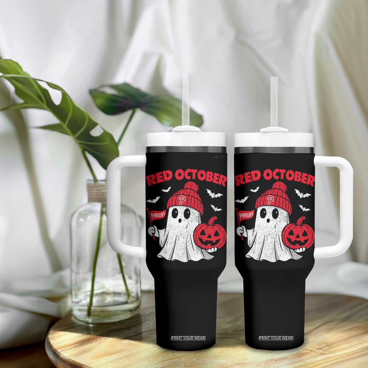 Red October Halloween Ghost Tumbler With Handle Philadelphia Spooky Pumpkin Baseball Fan TS10 Print Your Wear
