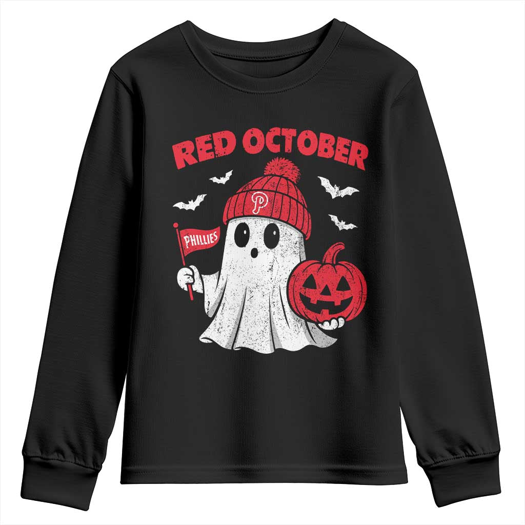 Red October Halloween Ghost Youth Sweatshirt Philadelphia Spooky Pumpkin Baseball Fan TS10 Black Print Your Wear