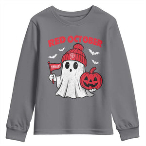 Red October Halloween Ghost Youth Sweatshirt Philadelphia Spooky Pumpkin Baseball Fan TS10 Charcoal Print Your Wear