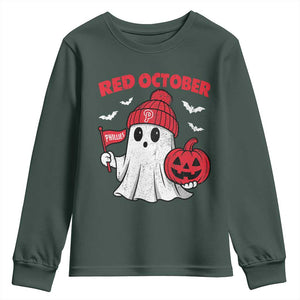 Red October Halloween Ghost Youth Sweatshirt Philadelphia Spooky Pumpkin Baseball Fan TS10 Dark Forest Green Print Your Wear