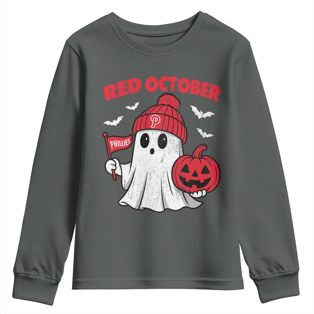 Red October Halloween Ghost Youth Sweatshirt Philadelphia Spooky Pumpkin Baseball Fan TS10 Dark Heather Print Your Wear