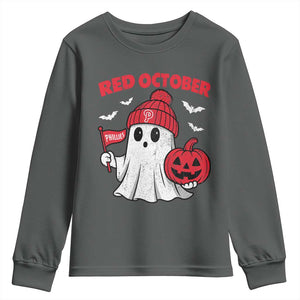 Red October Halloween Ghost Youth Sweatshirt Philadelphia Spooky Pumpkin Baseball Fan TS10 Dark Heather Print Your Wear