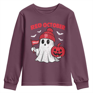 Red October Halloween Ghost Youth Sweatshirt Philadelphia Spooky Pumpkin Baseball Fan TS10 Maroon Print Your Wear
