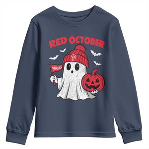 Red October Halloween Ghost Youth Sweatshirt Philadelphia Spooky Pumpkin Baseball Fan TS10 Navy Print Your Wear