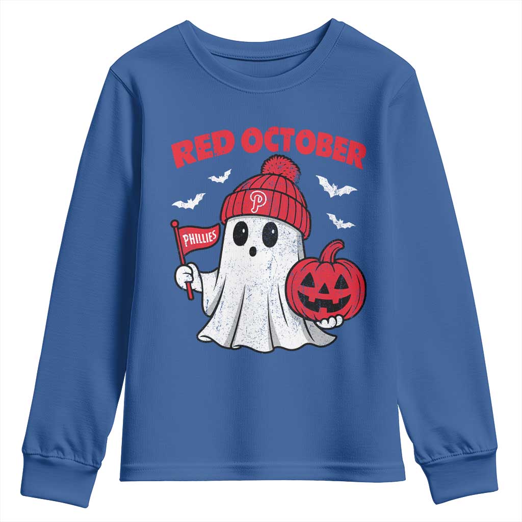 Red October Halloween Ghost Youth Sweatshirt Philadelphia Spooky Pumpkin Baseball Fan TS10 Royal Blue Print Your Wear