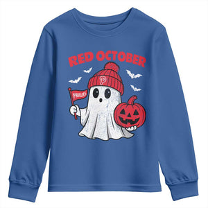 Red October Halloween Ghost Youth Sweatshirt Philadelphia Spooky Pumpkin Baseball Fan TS10 Royal Blue Print Your Wear