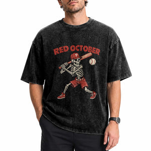 Red October Skeleton Baseball Washed Cotton T-Shirt Philadelphia Halloween Costume Funny