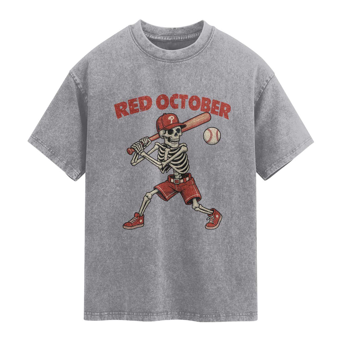 Red October Skeleton Baseball Washed Cotton T-Shirt Philadelphia Halloween Costume Funny