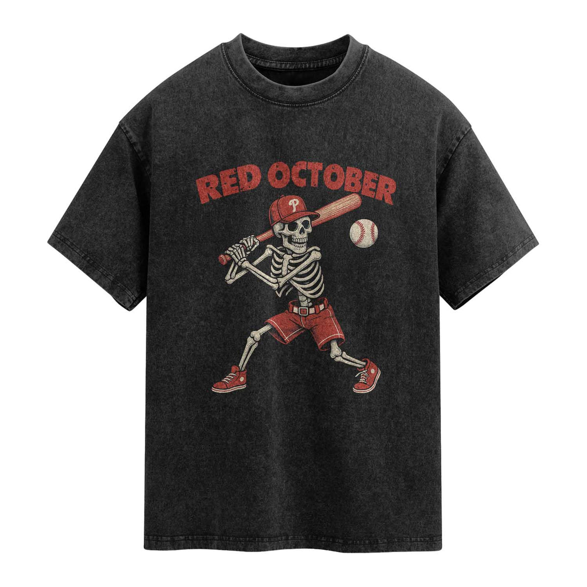 Red October Skeleton Baseball Washed Cotton T-Shirt Philadelphia Halloween Costume Funny