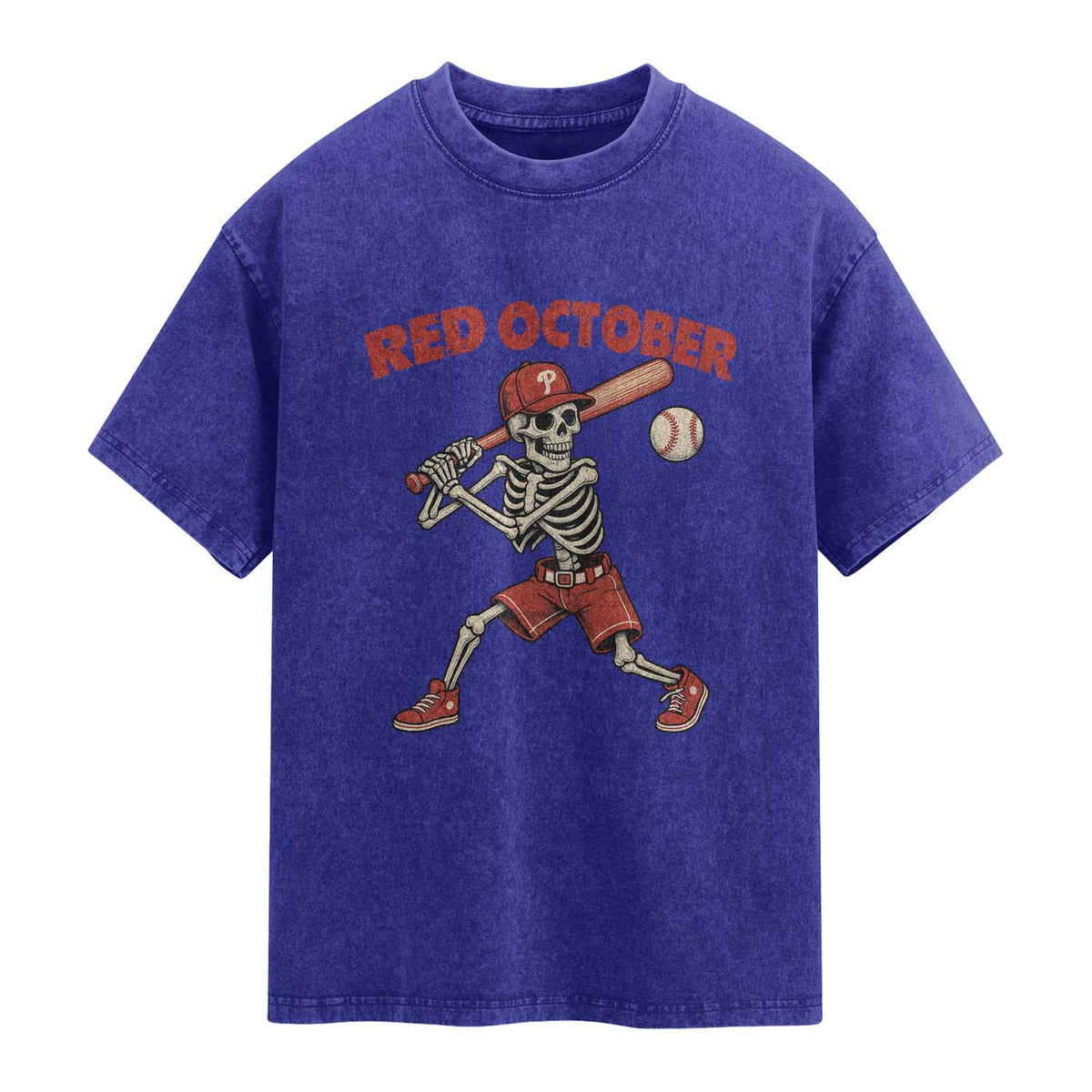 Red October Skeleton Baseball Washed Cotton T-Shirt Philadelphia Halloween Costume Funny