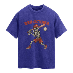 Red October Skeleton Baseball Washed Cotton T-Shirt Philadelphia Halloween Costume Funny
