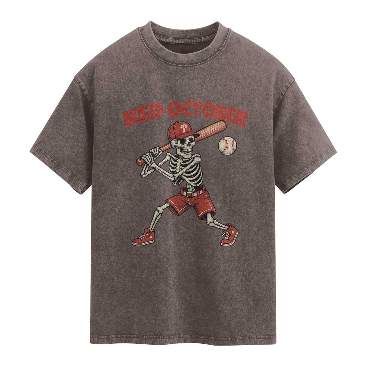 Red October Skeleton Baseball Washed Cotton T-Shirt Philadelphia Halloween Costume Funny