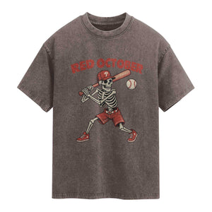 Red October Skeleton Baseball Washed Cotton T-Shirt Philadelphia Halloween Costume Funny