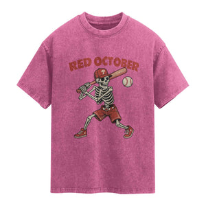 Red October Skeleton Baseball Washed Cotton T-Shirt Philadelphia Halloween Costume Funny