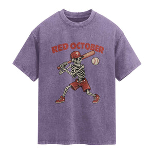 Red October Skeleton Baseball Washed Cotton T-Shirt Philadelphia Halloween Costume Funny