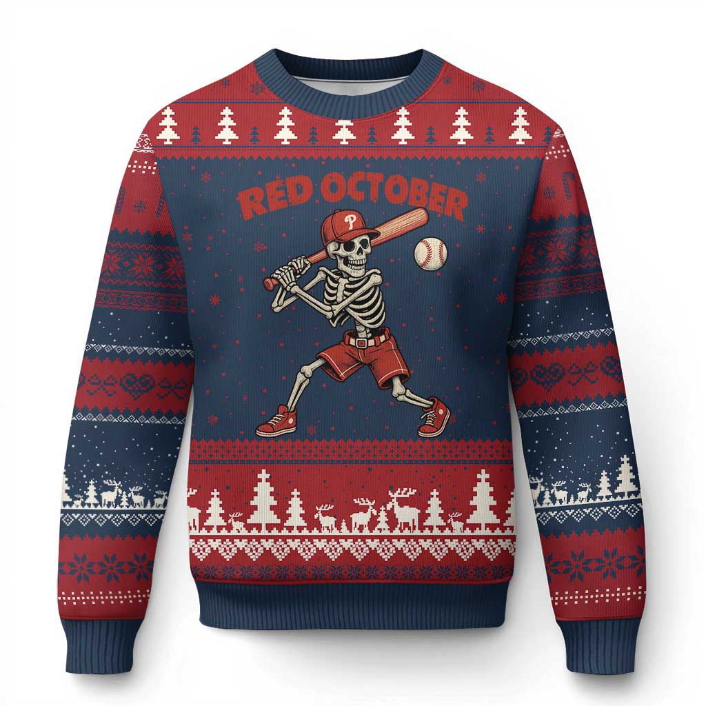 Red October Skeleton Baseball Ugly Christmas Sweater Philadelphia Halloween Costume Funny TS10 Navy Red Print Your Wear