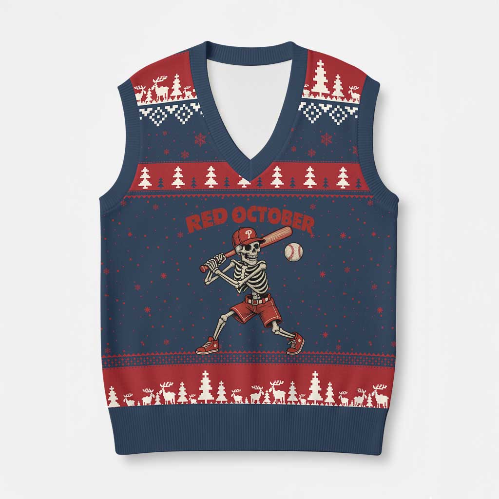 Red October Skeleton Baseball V-Neck Knit Sweater Vest Philadelphia Halloween Costume Funny TS10 Navy Red Print Your Wear