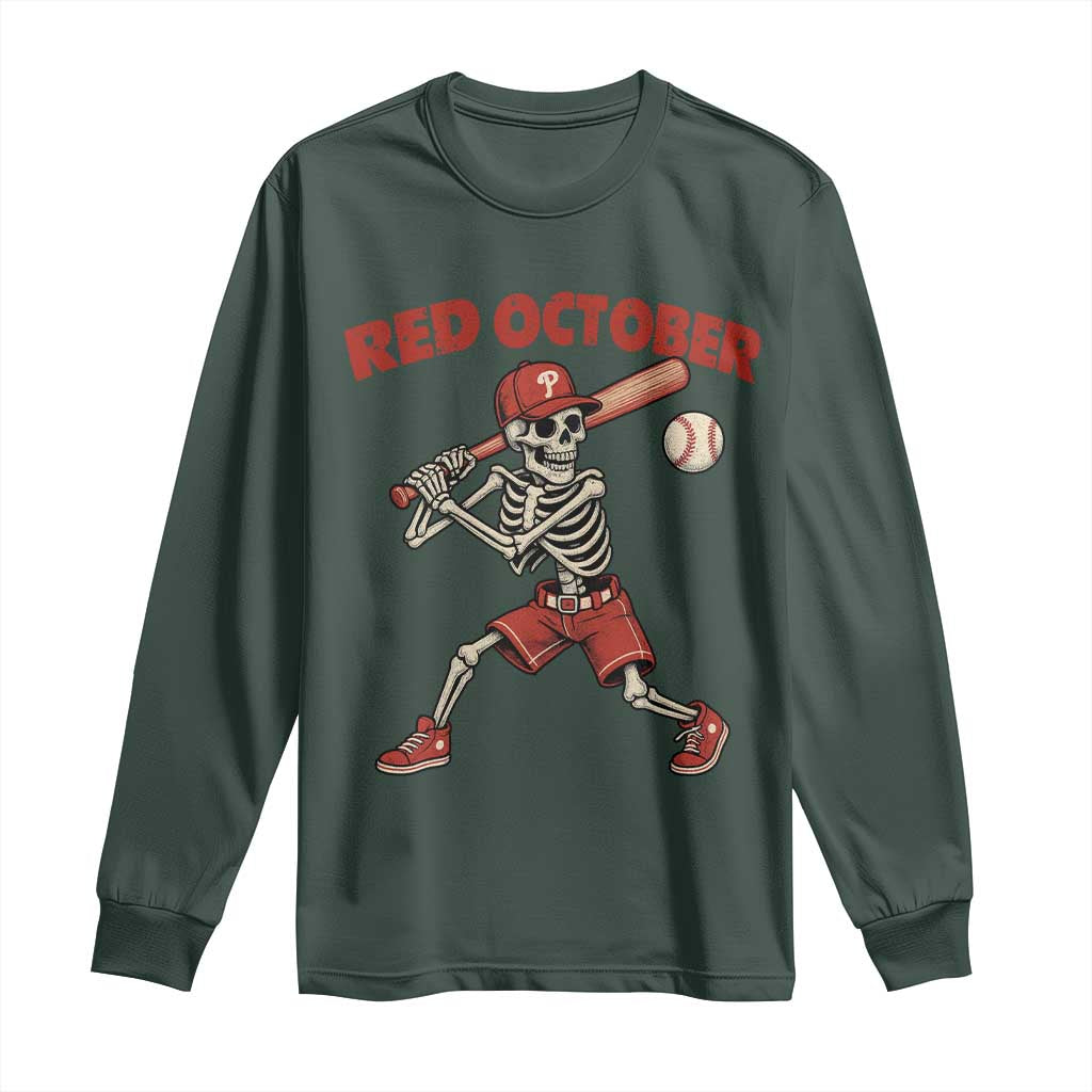 Red October Skeleton Baseball Long Sleeve Shirt Philadelphia Halloween Costume Funny TS10 Dark Forest Green Print Your Wear