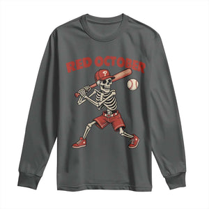 Red October Skeleton Baseball Long Sleeve Shirt Philadelphia Halloween Costume Funny TS10 Dark Heather Print Your Wear