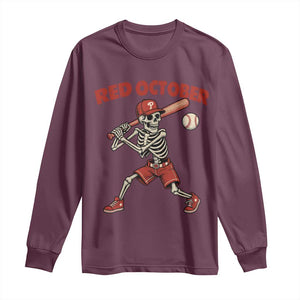 Red October Skeleton Baseball Long Sleeve Shirt Philadelphia Halloween Costume Funny TS10 Maroon Print Your Wear