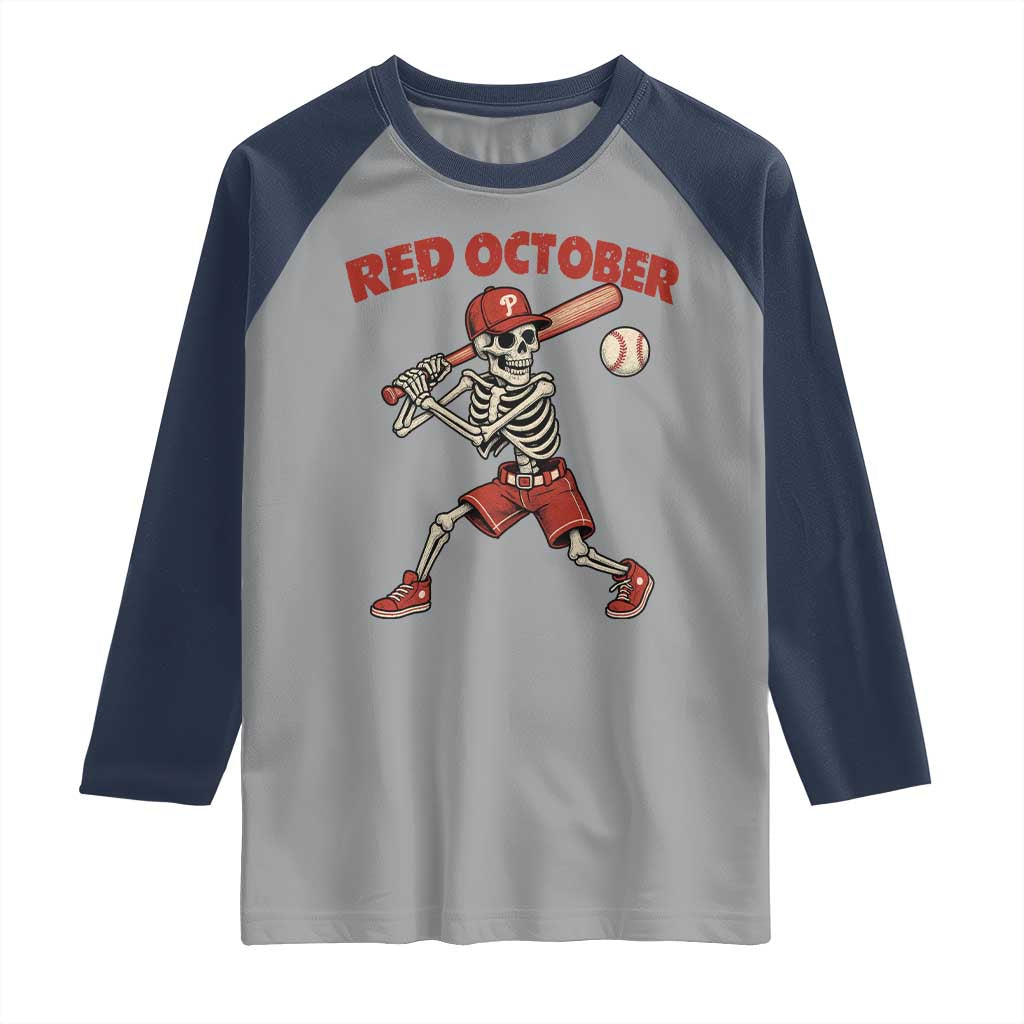 Red October Skeleton Baseball Raglan Shirt Philadelphia Halloween Costume Funny TS10 Sport Gray Navy Print Your Wear