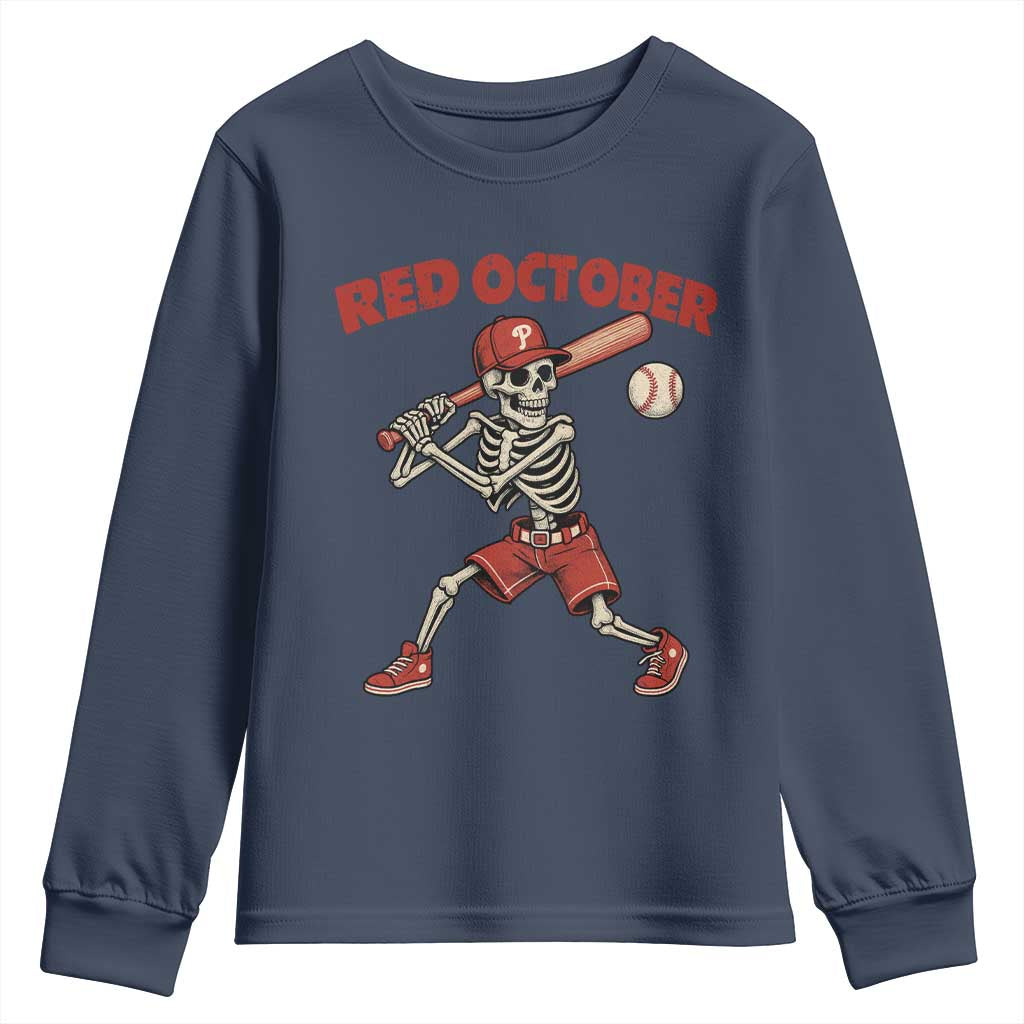 Red October Skeleton Baseball Youth Sweatshirt Philadelphia Halloween Costume Funny TS10 Navy Print Your Wear