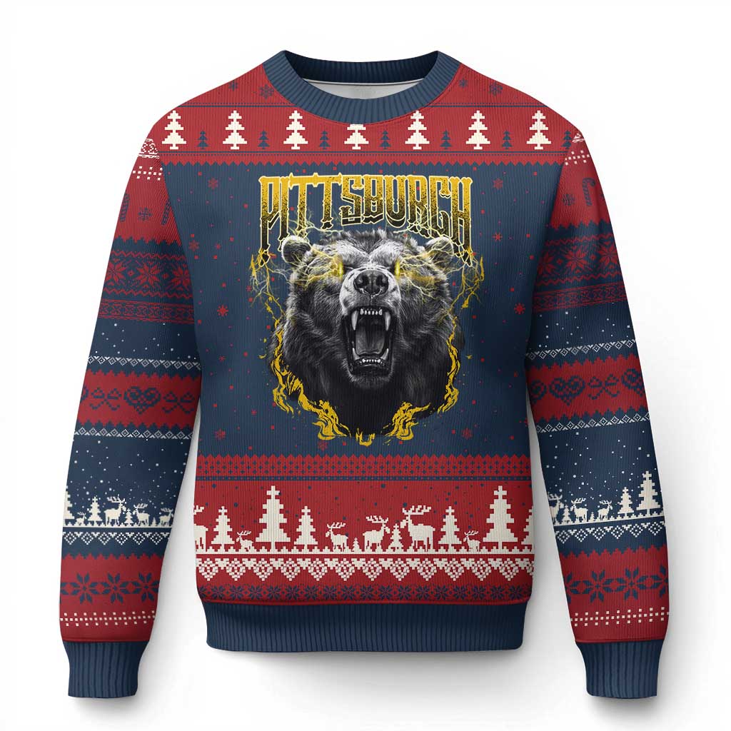 Vintage Pittsburgh Ugly Christmas Sweater Retro Sports Fan Wild Bear Mascot Streetwear Bootleg TS10 Navy Red Print Your Wear