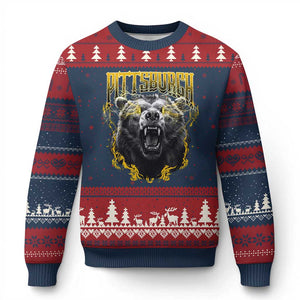Vintage Pittsburgh Ugly Christmas Sweater Retro Sports Fan Wild Bear Mascot Streetwear Bootleg TS10 Navy Red Print Your Wear