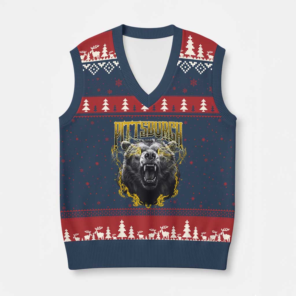Vintage Pittsburgh V-Neck Knit Sweater Vest Retro Sports Fan Wild Bear Mascot Streetwear Bootleg TS10 Navy Red Print Your Wear