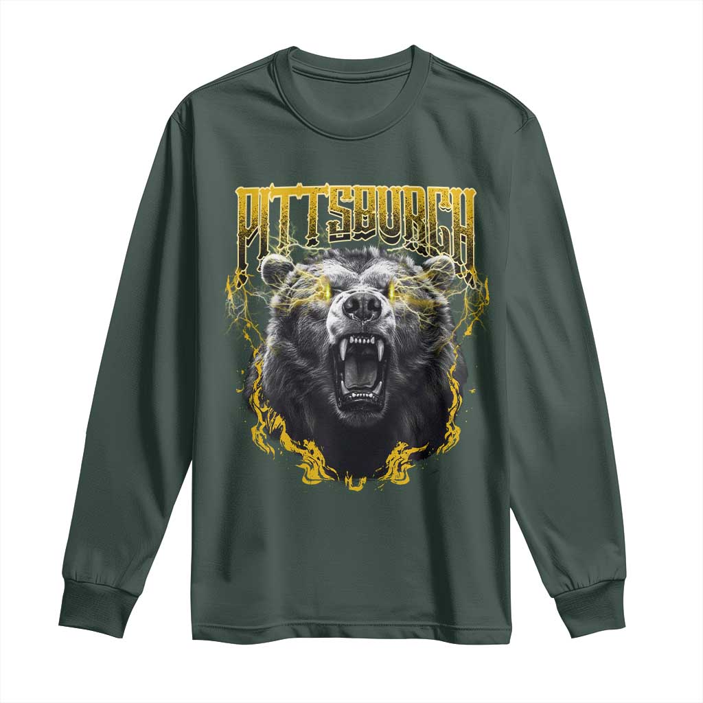 Vintage Pittsburgh Long Sleeve Shirt Retro Sports Fan Wild Bear Mascot Streetwear Bootleg TS10 Dark Forest Green Print Your Wear