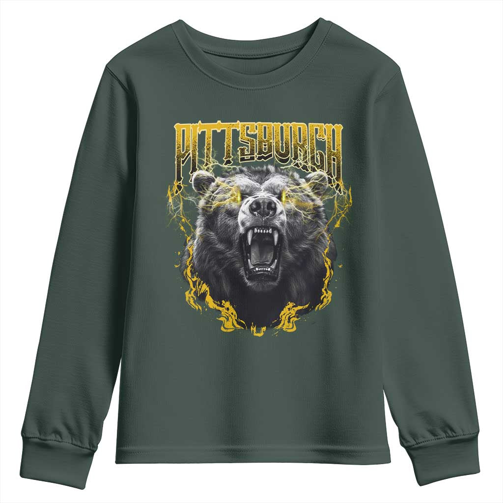 Vintage Pittsburgh Youth Sweatshirt Retro Sports Fan Wild Bear Mascot Streetwear Bootleg TS10 Dark Forest Green Print Your Wear
