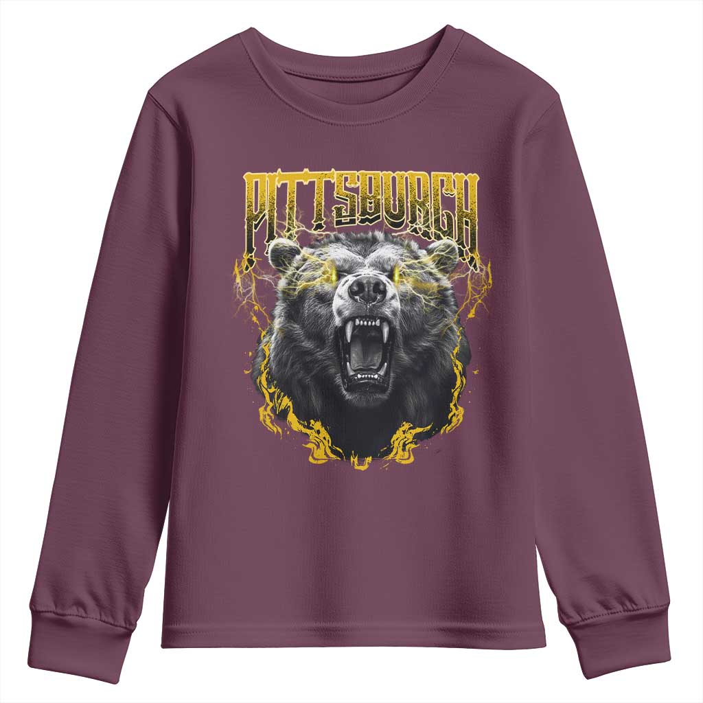 Vintage Pittsburgh Youth Sweatshirt Retro Sports Fan Wild Bear Mascot Streetwear Bootleg TS10 Maroon Print Your Wear