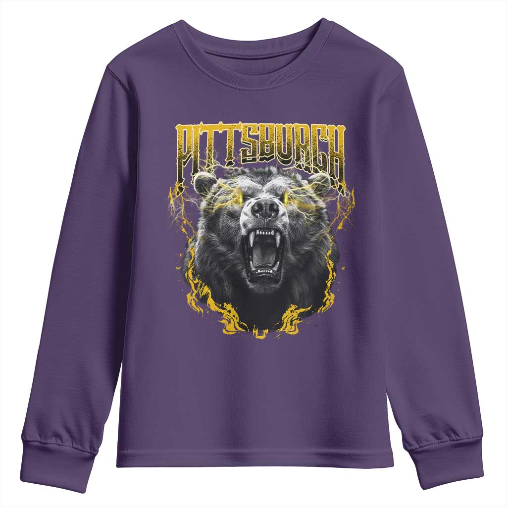 Vintage Pittsburgh Youth Sweatshirt Retro Sports Fan Wild Bear Mascot Streetwear Bootleg TS10 Purple Print Your Wear