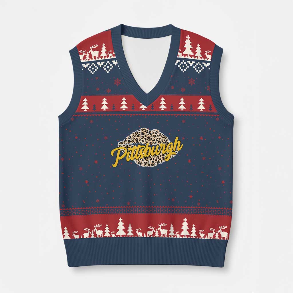 Pittsburgh Leopard Lips V-Neck Knit Sweater Vest Steel City Pride Woman Girl TS10 Navy Red Print Your Wear