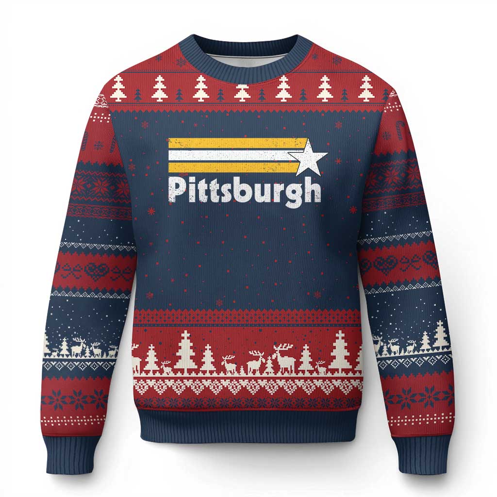 Retro Pittsburgh Ugly Christmas Sweater Vintage Pennsylvania Stripes 70s 80s 90s TS10 Navy Red Print Your Wear