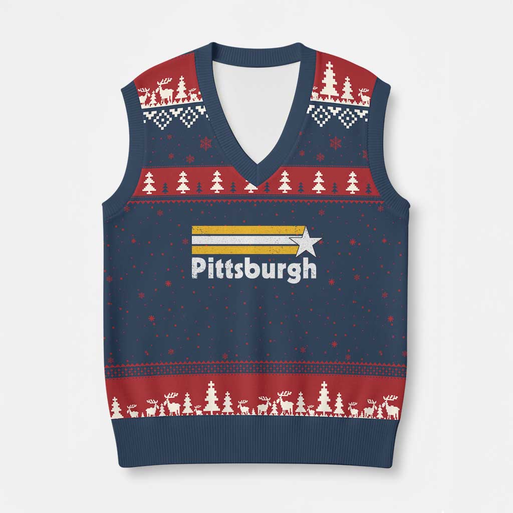 Retro Pittsburgh V-Neck Knit Sweater Vest Vintage Pennsylvania Stripes 70s 80s 90s TS10 Navy Red Print Your Wear
