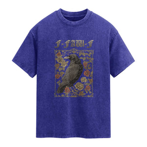 Funny F Caw F Crow Washed Cotton T-Shirt Vintage Bird Saying Adult Humor Gothic Tarot Card