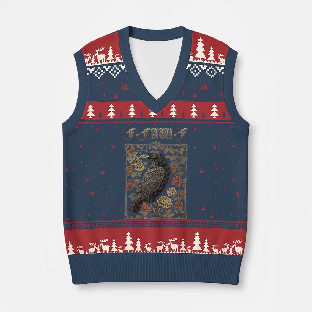 Funny F Caw F Crow V-Neck Knit Sweater Vest Vintage Bird Saying Adult Humor Gothic Tarot Card TS10 Navy Red Print Your Wear