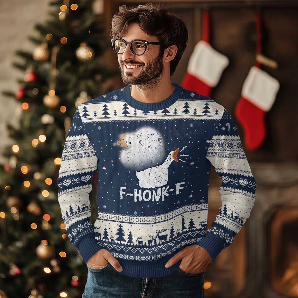 Silly Goose Meme Ugly Christmas Sweater Retro F-Honk-F Funny Farm Animal TS10 Navy Beige Print Your Wear