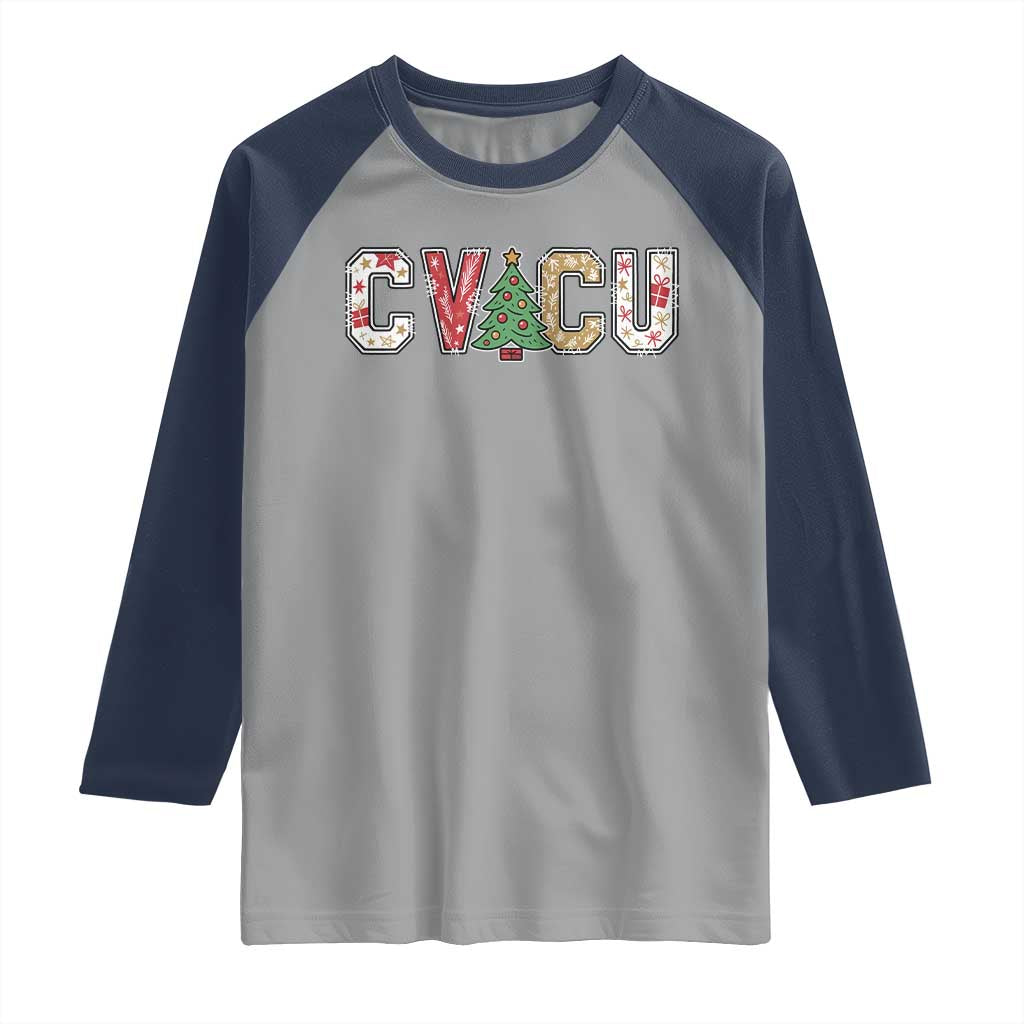 Christmas CVICU Nurse Raglan Shirt Cardiovascular Intensive Care Unit Cardiac Nurse TS10 Sport Gray Navy Print Your Wear