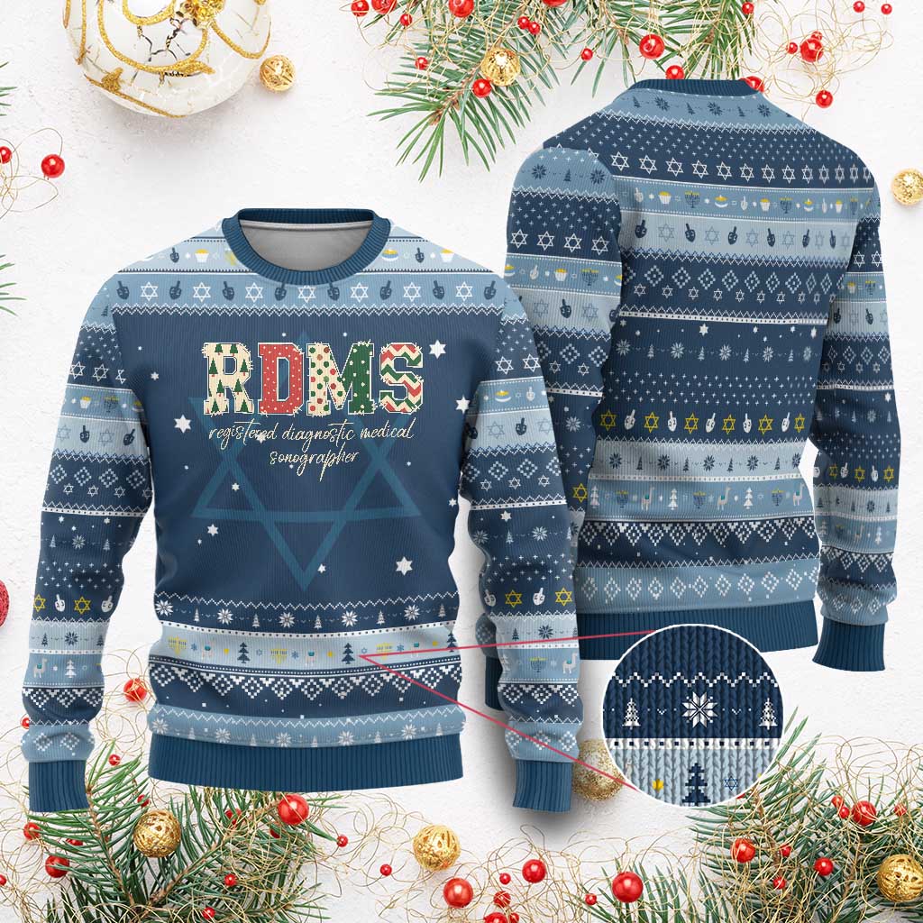 Sonographer Christmas Hanukkah Ugly Sweater RDMS Ultrasound Tech Technologist Gift TS10 Navy Light Blue Print Your Wear