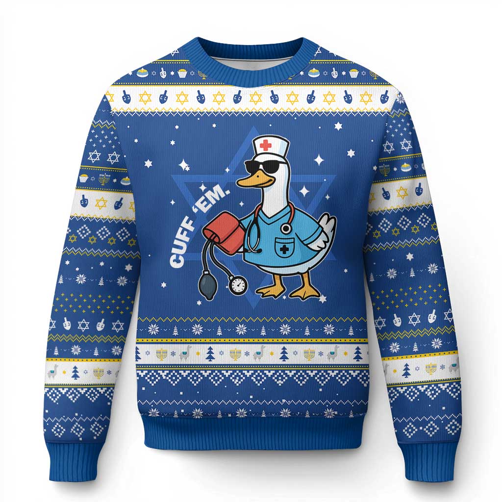Goose Nurse Hanukkah Ugly Sweater Cuff Em Cute Nursing Graduation Gift TS10 Blue White Print Your Wear