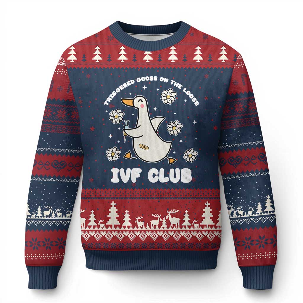 Funny IVF Ugly Christmas Sweater Triggered Goose On The Loose Infertility Support Gift TS10 Navy Red Print Your Wear